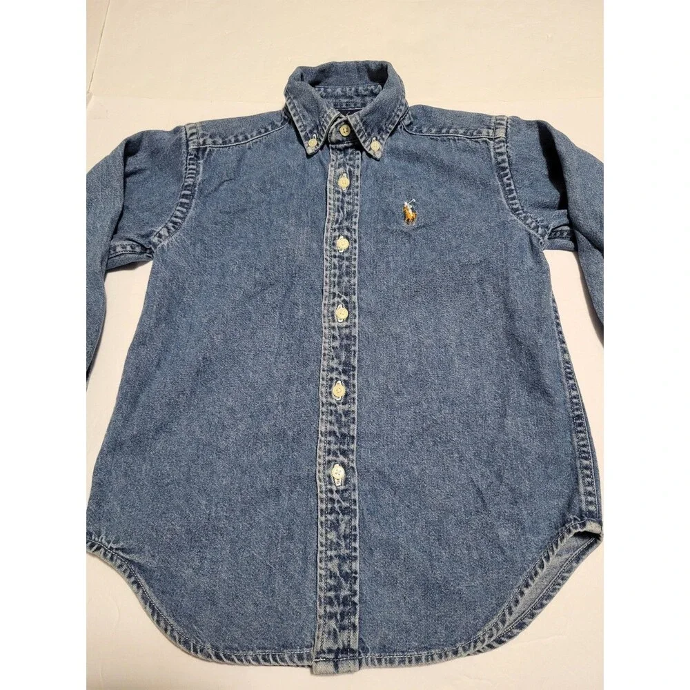 (#16) Vintage Ralph Lauren Blue Denim Button Down Shirt Long Sleeve SZ  Kid's 5